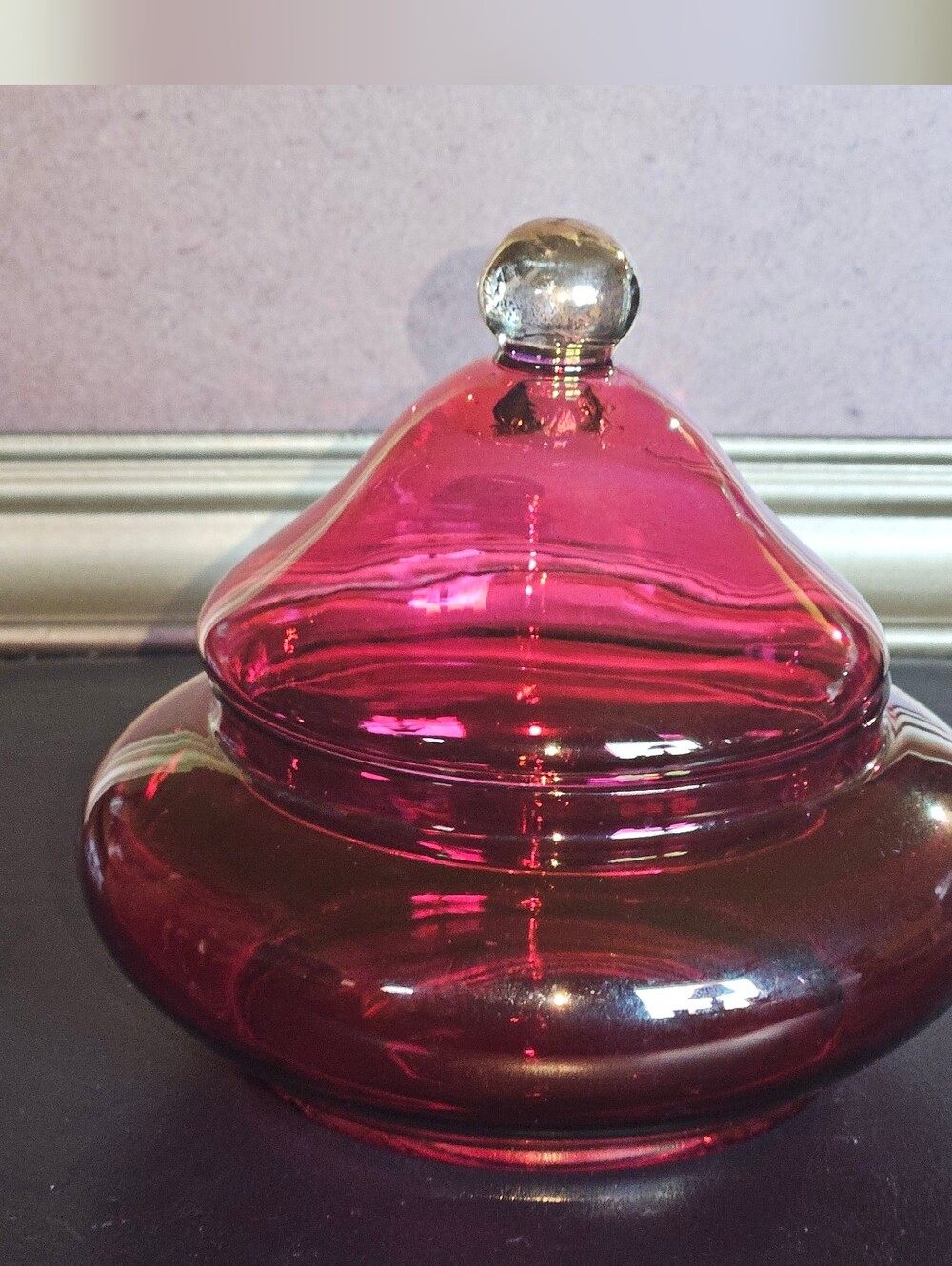 Vintage Blown Cranberry Glass Candy Dish with Circus-Tent Style Lid - Picture 2 of 9